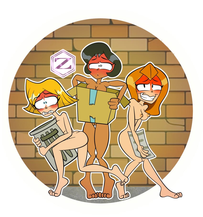 3girls alex_(totally_spies) ass awkward awkward_smile barefoot barely_visible_genitalia barely_visible_pussy blush blushing breasts clenched_teeth clover_(totally_spies) completely_naked completely_nude completely_nude_female covering covering_breasts covering_crotch covering_pussy covering_self covering_with_object embarrassed embarrassed_nude_female enf exposed exposed_breasts female female_focus female_only full-face_blush looking_at_viewer multiple_girls nude nude_female public public_nudity pussy sam_(totally_spies) shaved_pussy totally_spies zarnacius