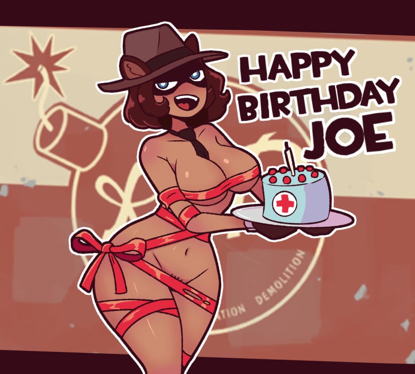 1female 1girls blue_eyes breasts cake dessert english_text hat headwear jane_(silentsins) lucizemuller silentmanjoe team_fortress_2 text