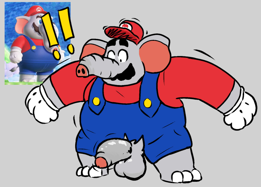 anthro balls charmcharmcharm clothed clothing elephant elephant_mario elephantid genitals hi_res male male_only mammal mario mario_(series) nintendo partially_clothed penis proboscidean solo super_mario_bros._wonder surprise wardrobe_malfunction