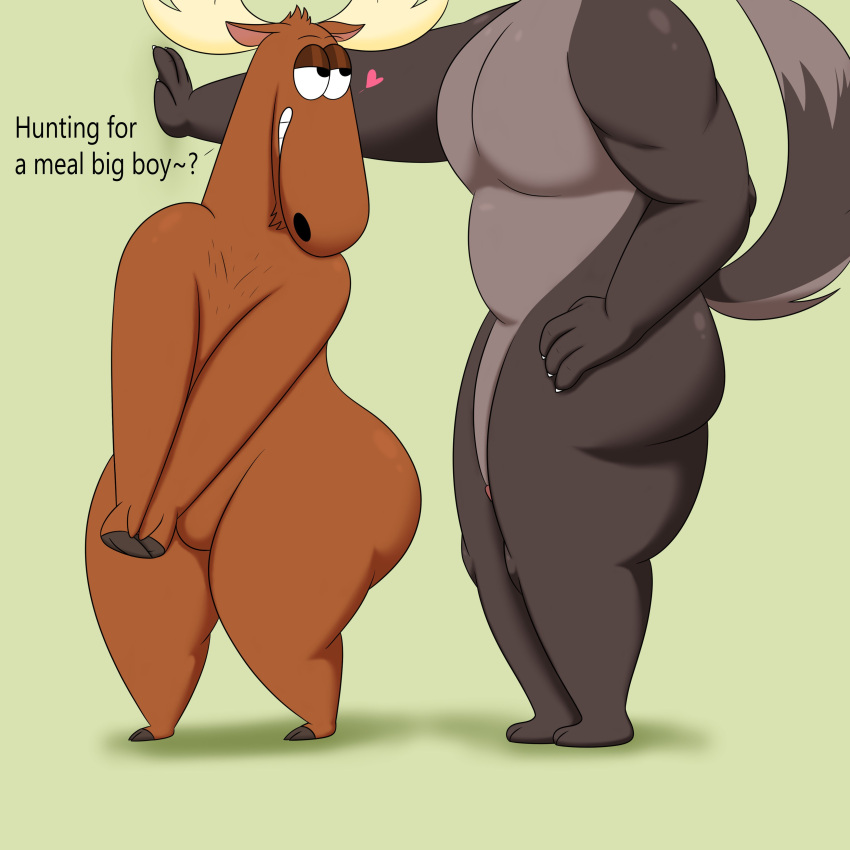 2023 absurd_res anthro ass becky_the_moose_(johnny_bravo) bedroom_eyes big_butt big_penis black_eyes bottom_heavy brown_body brown_ears brown_fur canid canine canis capreoline cartoon_network character_request claws colossalstars digital_media_(artwork) duo english_text female flirting fur genitals green_background grey_body grey_fur grey_tail half-closed_eyes hand_on_hip hand_on_wall hi_res hooves horn johnny_bravo_(series) looking_at_another male male/female mammal moose multicolored_body multicolored_fur narrowed_eyes on_ground original original_character penis seductive simple_background smile standing tail teeth text thick_thighs two_tone_body two_tone_fur two_tone_tail wolf