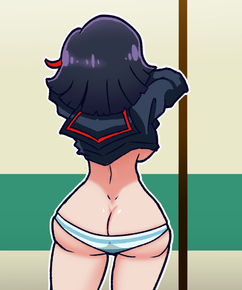 1girls ass ass_cleavage back back_view behind_view black_hair butt_crack female female_only human kill_la_kill lucizemuller matoi_ryuuko panties redraw ryukoredraw senketsu shimapan solo striped_panties