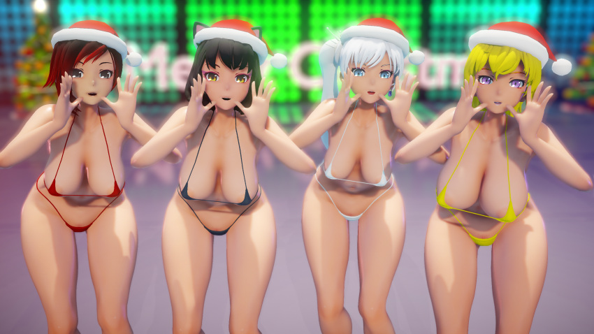 3d 4girls ass asymmetrical_hair bent_over big_ass big_breasts bikini black_bikini black_hair blake_belladonna blonde_hair blue_earrings blue_eyes breasts cat_ears christmas cleavage clothed clothed_female clothing concert crowd curvy earrings eyeliner female female_only footwear full_body glowstick groin headwear highres huge_breasts human jic_jic light-skinned_female light_skin long_hair medium_breasts medium_hair micro_bikini mmd multicolored_hair multiple_girls navel nipples no_sex pale-skinned_female pale_skin penlight perky_breasts ponytail pubic_hair purple_eyes red_bikini red_hair rooster_teeth ruby_rose rwby santa_hat shiny_skin shoes side_ponytail silver_eyes skimpy skimpy_bikini sparse_pubic_hair standing swimwear tagme thick_thighs thigh_gap thighs very_long_hair voluptuous weiss_schnee white_bikini white_hair yang_xiao_long yellow_bikini yellow_eyes