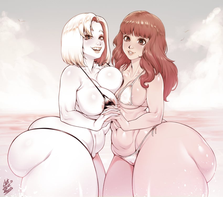 2girls areolae ass beach beach_background big_ass big_butt blonde_hair bottom_heavy breasts brown_hair cameltoe captainjerkpants carmen_and_kelsie carmen_marvello chubby_female cleavage doughy_ass dumptruck_ass dumptruck_butt fanart female female_only gigantic_ass huge_ass hyper_ass kelsie_daniels large_breasts multiple_girls pear_shaped_female seductive small_breasts standing thick_thighs thong_bikini voluptuous voluptuous_female water wide_hips