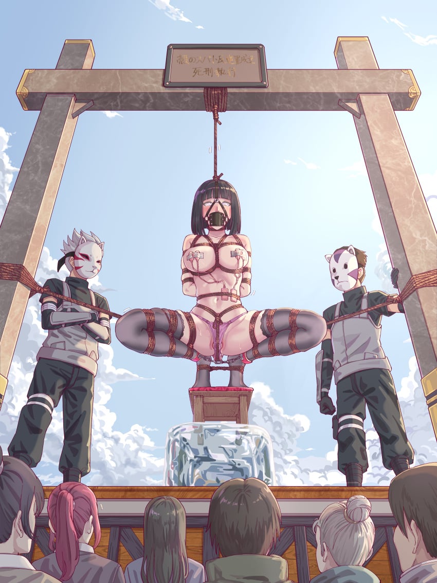 asian asphyxiation black_hair black_socks bondage boruto:_naruto_next_generations breasts domination female gag gagged half-dressed half_naked hanged humiliation hyuuga_hinata imminent_death leeven mouth_gag naked naruto noose nude open_legs partially_visible_vulva public public_execution public_exposure rope rope_bondage short_hair slave suspension tied_legs tied_up white_eyes