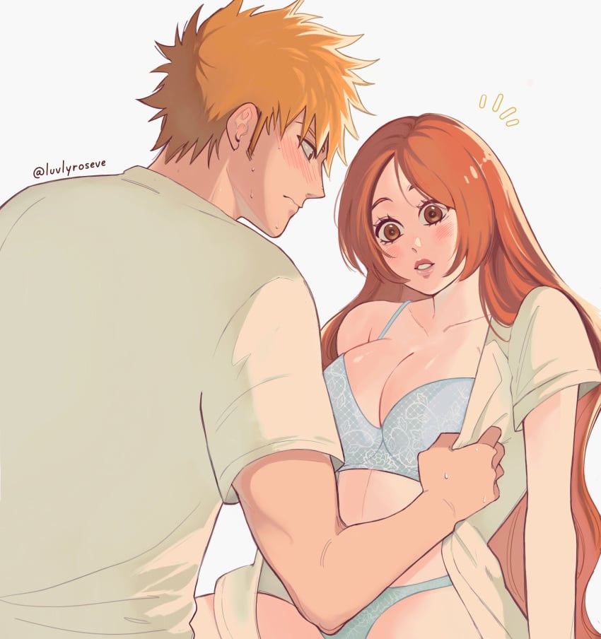 1boy 1boy1girl 1girls big_breasts bleach blush bra breasts brown_hair cleavage exposing_chest female flustered huge_breasts ichigo_kurosaki inoue_orihime kurosaki_ichigo long_hair luvlyroseve male open_shirt orange_hair panties removing_clothing roseve short_hair sweat