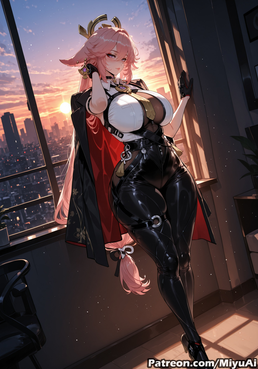 yae_miko genshin_impact zenless_zone_zero evelyn_chevalier_(cosplay) cosplay pink_hair apartment shiny_clothes miyuai ai_generated ai_assisted thick_thighs thick_ass thick thick_legs thick_hips thick_butt wide_hips wide_thighs voluptuous voluptuous_female curvy curvy_figure curvaceous curvy_female female 1girl gloves breasts solo black_gloves long_hair rating:safe necktie jacket large_breasts animal_ears crossed_legs jacket_on_shoulders half_gloves looking_at_viewer