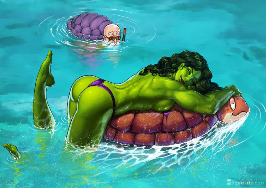 1boy 1girls ass bikini bikini_bottom blood blush breasts closed_eyes crossover deviantart dragon_ball dragon_ball_super dragon_ball_z eastern_and_western_character feet female green_skin happy marvel marvel_cinematic_universe master_roshi medium_breasts muscular muscular_female muten_roushi no_bra no_shirt nosebleed ocean old old_man pervert public_topless she-hulk smile sunglasses swimsuit thong_bikini topless topless_female turtle turtle_(dragon_ball) water