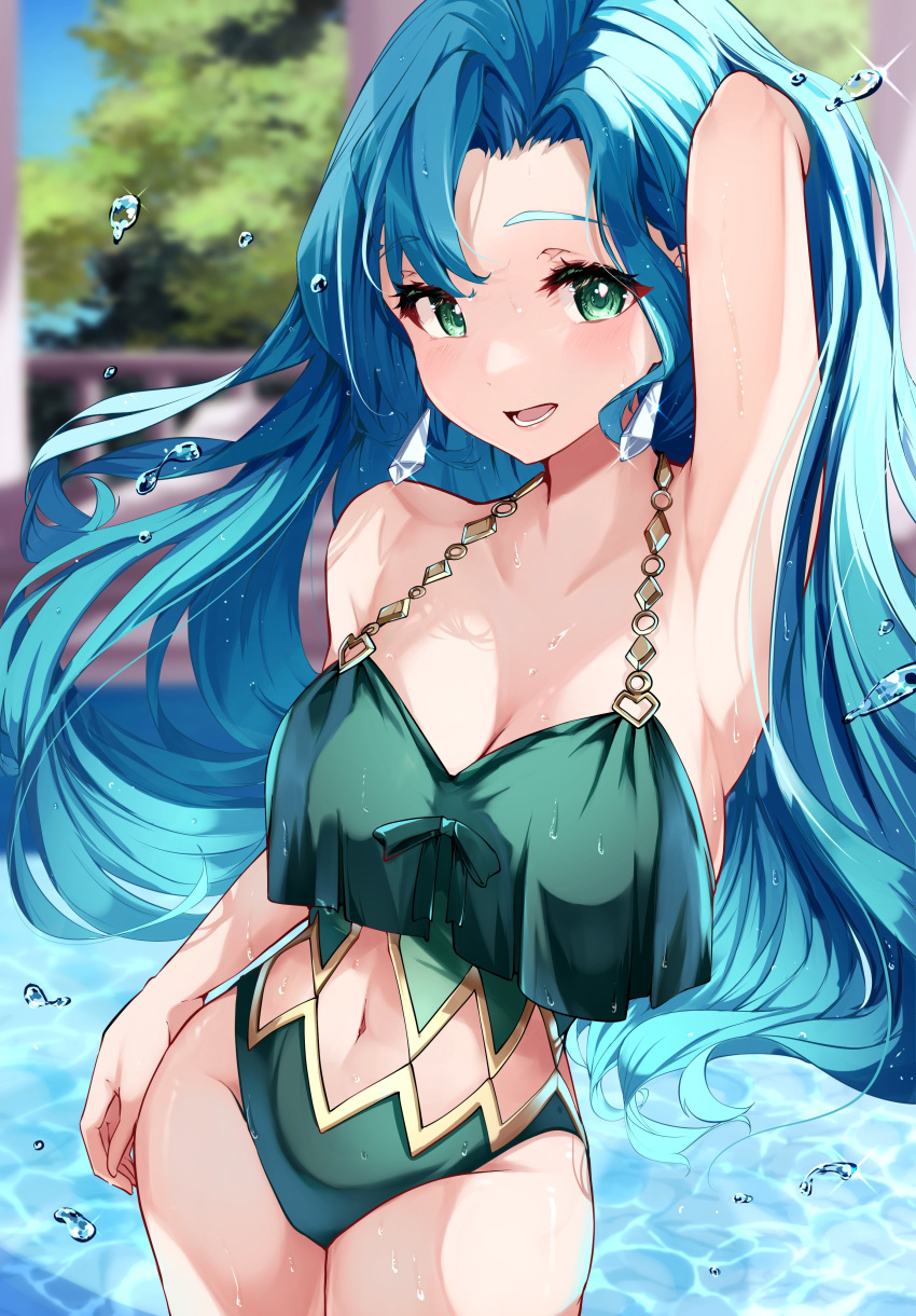 1girls absurdres alternate_costume arm_up armpits bare_shoulders bikini blue_hair breasts chloe_(fire_emblem) clothing_cutout commentary earrings female female female_only fire_emblem fire_emblem_engage green_bikini green_eyes green_swimsuit highres jewelry large_breasts long_hair looking_at_viewer midriff navel nintendo risumi_(taka-fallcherryblossom) solo swimsuit water water_drop