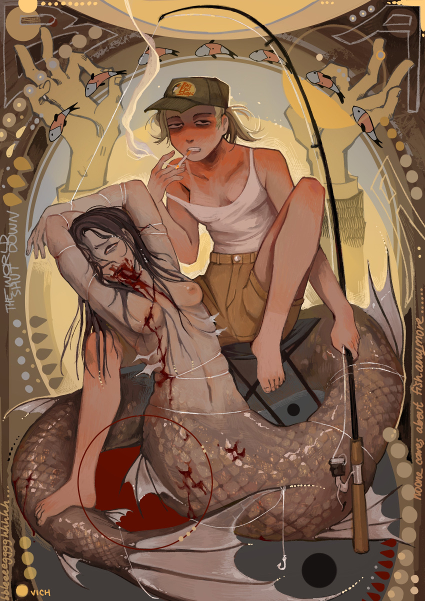 absurd_res ambient_fish ambient_sealife arms_above_head arms_tied barefoot baseball_cap blonde_hair blood blood_in_mouth bloodshot_eyes bodily_fluids bottomwear bound breasts brown_hair chair cigarette cleavage clothed clothing corpse death digital_media_(artwork) digital_painting_(artwork) duo feet female female_death fin fish fish_hook fishing_rod foot_on_tail furniture gills glistening glistening_body glistening_breasts glistening_scales hair half-closed_eyes hat headgear headwear hi_res hook human humanoid long_hair mammal marine merfolk narrowed_eyes nipples nosebleed on_chair scales shirt shorts sitting sitting_on_chair skindentation smoke smoking smoking_cigarette split_form sunburn suntan tail tail_fin tan_body tan_line tan_scales tan_skin tank_top topwear vich wet_hair