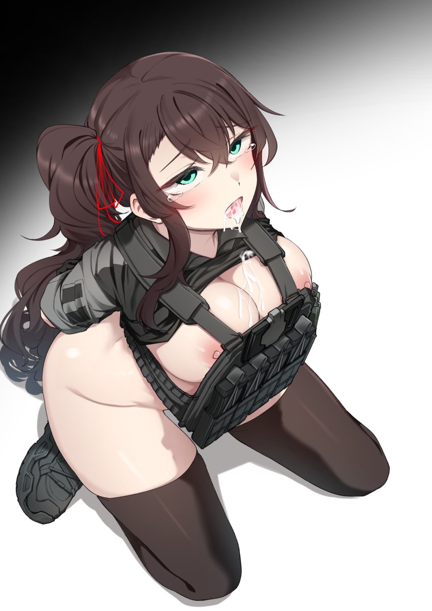 1girls absurdres after_oral aqua_eyes arms_behind_back black_thighhighs blue_eyes blush bottomless breasts brown_hair bulletproof_vest cleavage cum cum_in_mouth cute eye_contact female fringe hands_behind_back highres k0ng kneeling long_hair military military_uniform nipples oral original paid_reward_available pale-skinned_female petite side_ponytail solo submissive_female teenager termichan_(not-a-bot) thighhighs very_long_hair white_background