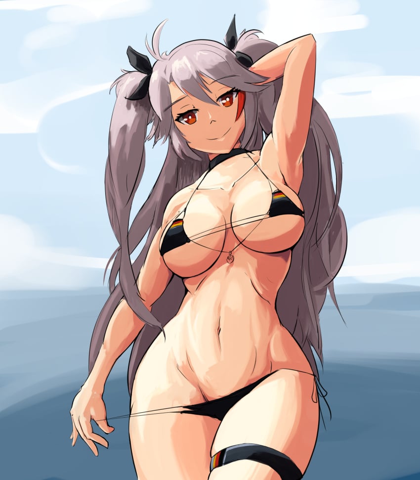 1girls anchor anchor_ornament antenna_hair arm_up armpits azur_lane beach beauty_mark belly_button big_breasts black_bikini black_choker black_hair_ornament black_hair_ribbon blue_sky choker clouds curves cute eyebrows_through_hair eyelashes fit_female german german_female german_flag german_flag_bikini golden_eyes hand_on_hair hand_on_panties hi_res iron_blood_(azur_lane) long_hair long_silver_hair long_white_hair medium_breasts mole mole_on_breast mouth nose ocean orange_eyes prinz_eugen_(azur_lane) prinz_eugen_(unfading_smile)_(azur_lane) red_strand_of_hair shiny_body shiny_skin silver_hair simple_background slim_body smile smiling smiling_at_viewer smug smug_face teasing teasing_viewer twintails vivr white_hair white_skin white_skinned_female wholesome