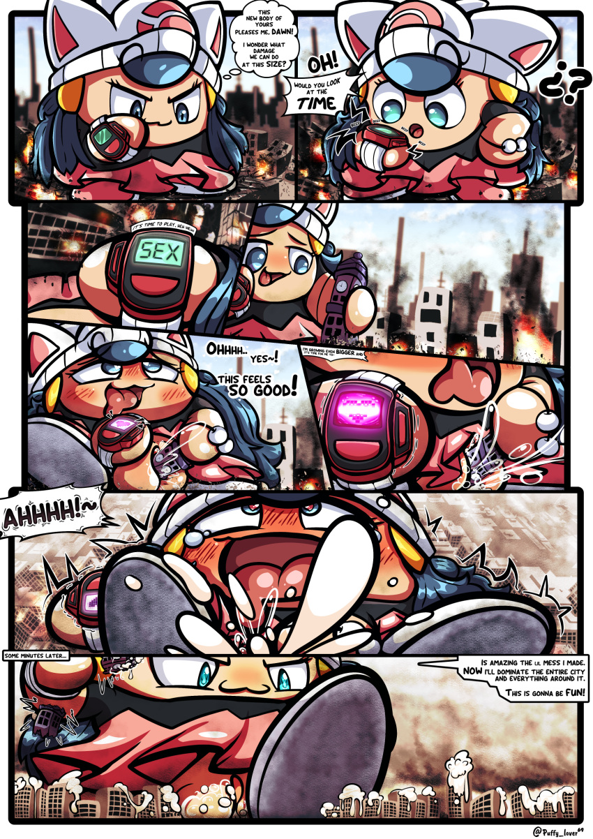 blue_eyes blue_hair city city_background city_destruction comic comic_page commission cum dawn_(pokemon) dawn_(pokemon)_(cosplay) destroyed_building dialogue dialogue_box explosion heart heart-shaped_pupils jigglypuff pink_skirt pokemon pokemon_(species) poketch precum puffylover69 pussy waddling_head white_hat