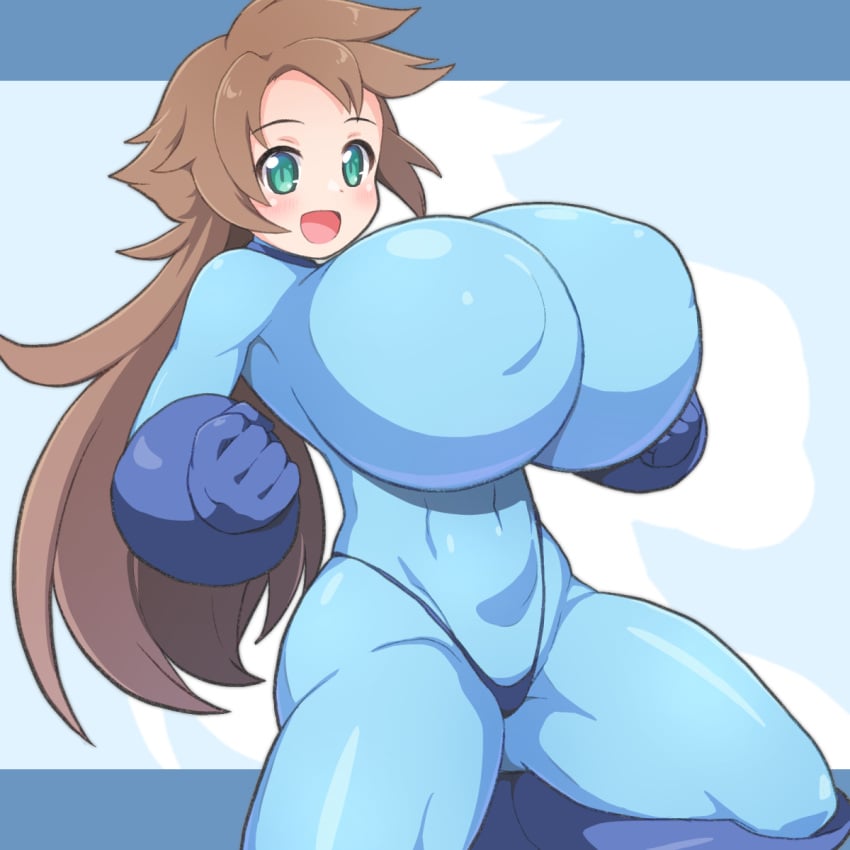 1girls bodysuit breasts brown_hair female huge_breasts light-skinned_female long_hair mega_man mega_man(classic) mega_man_(character) nipple_bulge roco_(sulfer-kokegitsune) rule_63 shirogane_hakuba solo thighs thong