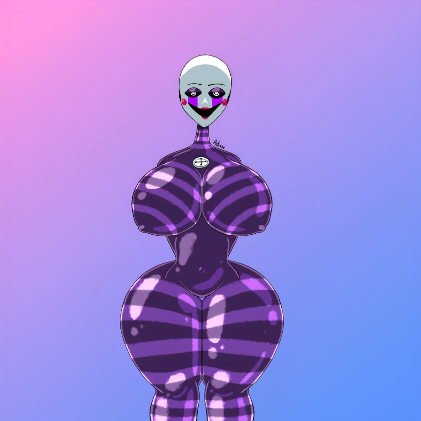 artist_request black_body classic_fnaf_2_marionette classic_fnaf_2_puppet dark_skin female five_nights_at_freddy's five_nights_at_freddy's_2 fnaf huge_breasts huge_hips huge_thighs latex latex_bodysuit latex_suit marionette_(fnaf) music_box original_fnaf_2_marionette original_fnaf_2_puppet puppet_(fnaf) purple_body purple_nipples purple_skin rubber rubber_creature rubber_suit white_stripes