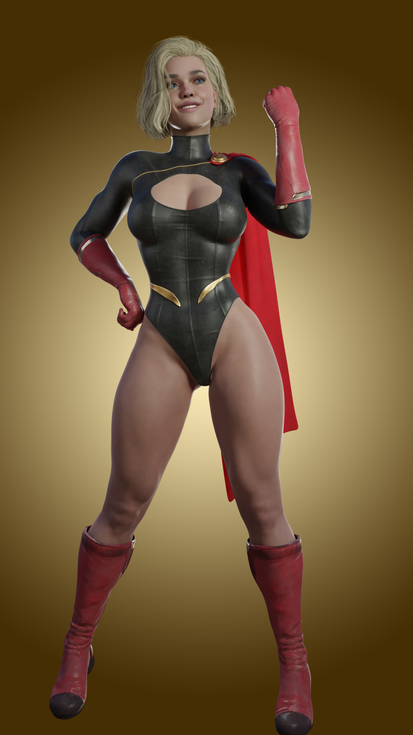 1girls 3d big_breasts black_leotard blender blonde_hair blue_eyes boob_window boots cape dc dc_comics female female_only fisherman fully_clothed gloves injustice_2 kara_zor-l karen_starr kryptonian leotard light-skinned_female light_skin power_girl red_boots red_cape red_gloves short_hair solo superman_(series)