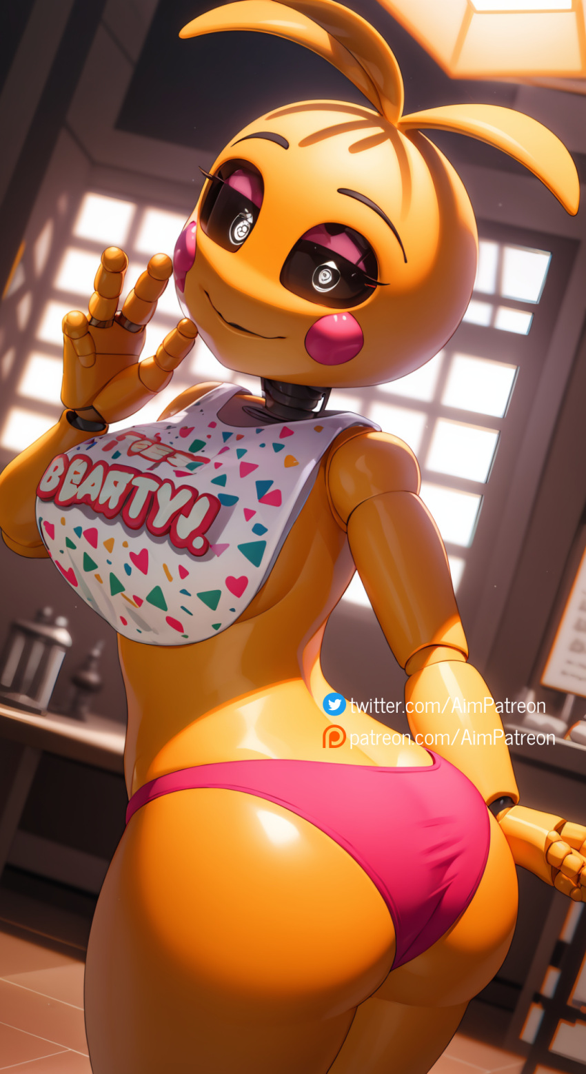 ahoge ai_generated aim_patreon antenna_hair ass breasts clothes_writing colored_skin english_text female five_nights_at_freddy's five_nights_at_freddy's_2 heart huge_ahoge indoors looking_at_viewer patreon_username pink_panties short_hair smile solo standing thighs toy_chica_(fnaf) toy_chica_(love_taste) window