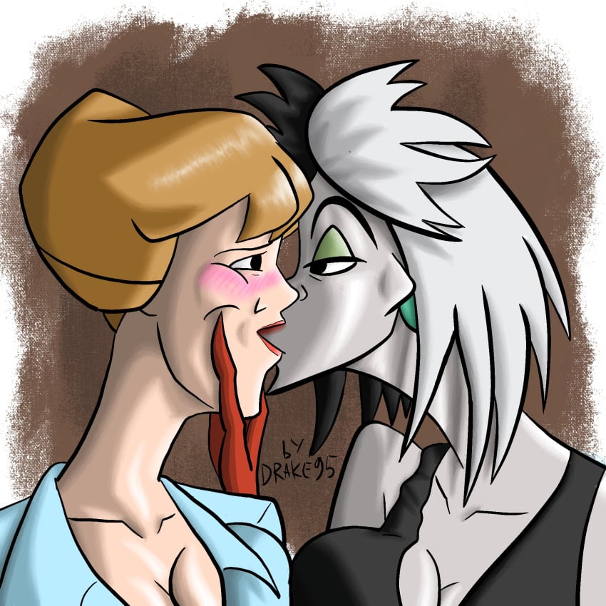 101_dalmatians anita_radcliffe aroused breast_press cruella_de_vil disney disney_villains drake95 forced_kiss hand_on_face kissing yuri