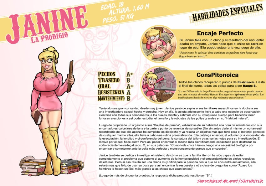 big_breasts big_butt big_penis bimbo blonde_hair books character_bio character_profile character_sheet conspiracy conspiracy_theory dick_measure dress female glasses green_eyes hair_up herron_house_(series) janine_herron legs_apart legs_spread my_mom_and_sister_are_size_queen_sluts nerd nipples_visible_through_clothing nude nude_female nude_male partly_colored pen_in_shirt penis_measuring pink_dress pink_lips pink_sweater pinup rabies-t-lagomorph ruler size_queen slutwr1ter solo spanish_text stats stockings sweater thighhighs voluptuous yellow_stockings