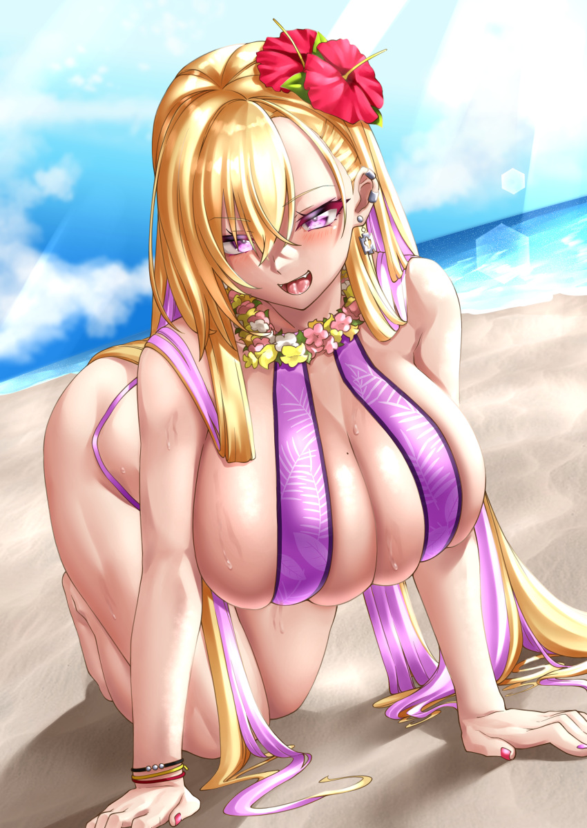 1girls beach big_breasts bikini blonde_hair boryeon_(hawaiian_bikini)_(last_origin) boryeon_(last_origin) breasts busty curvaceous curvy curvy_body curvy_female curvy_figure female female_only flower flower_garland flower_in_hair garland huge_breasts large_breasts last_origin light-skinned_female light_skin purple_eyes solo ura_tomoya