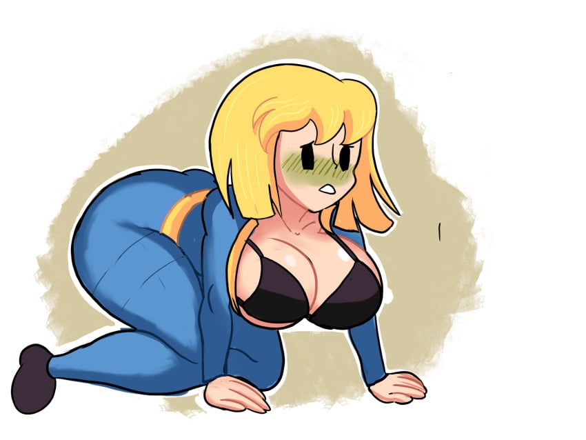 black_bikini_top blonde_hair fallout large_breasts mob_face nausea sick vault_girl vault_meat vault_suit vomitklok