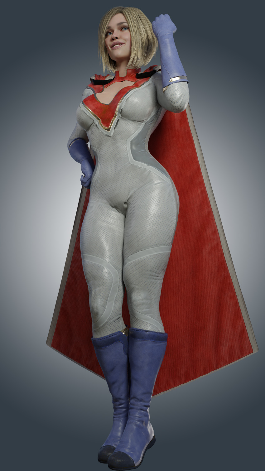 1girls 3d big_breasts blender blonde_hair blue_boots blue_eyes blue_gloves boob_window boots cape dc dc_comics female female_only fisherman fully_clothed gloves injustice_2 jumpsuit kara_zor-l karen_starr kryptonian light-skinned_female light_skin red_cape short_hair solo superman_(series) white_jumpsuit