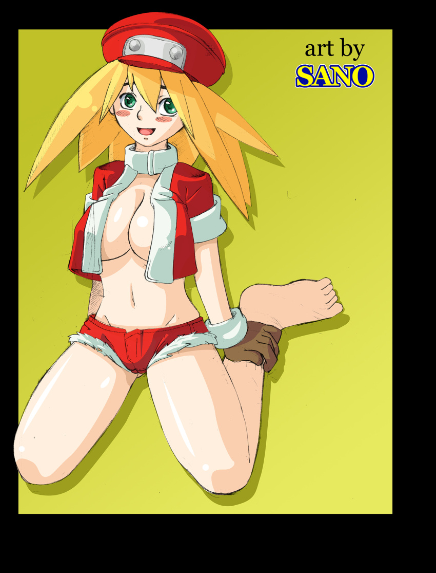 1girls blonde_hair breasts cleavage feet female green_eyes hat kevinsano kneeling mega_man mega_man_legends open_clothes roll_caskett shorts smile solo tagme thighs