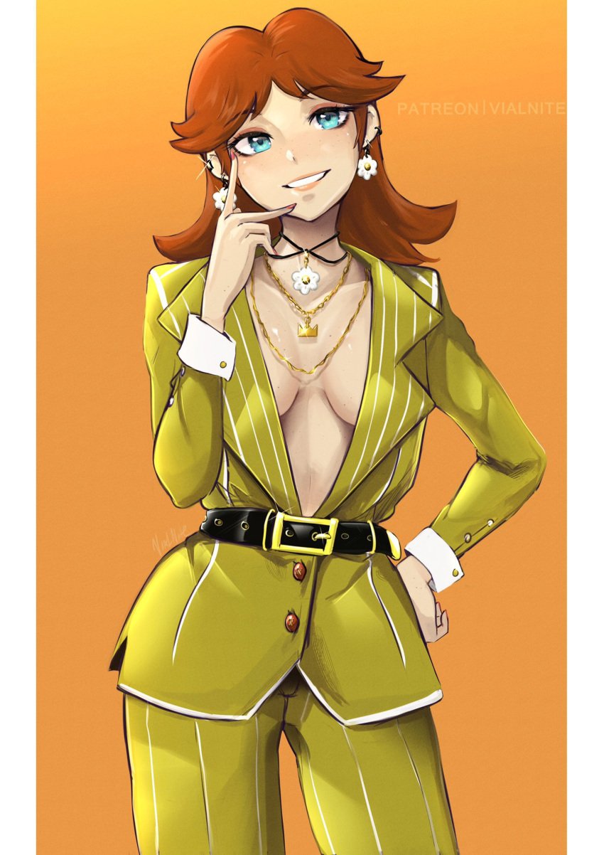 alternate_costume breasts business_suit earrings female female_only jewelry mario_(series) nintendo princess_daisy sideboob solo tagme vialnite