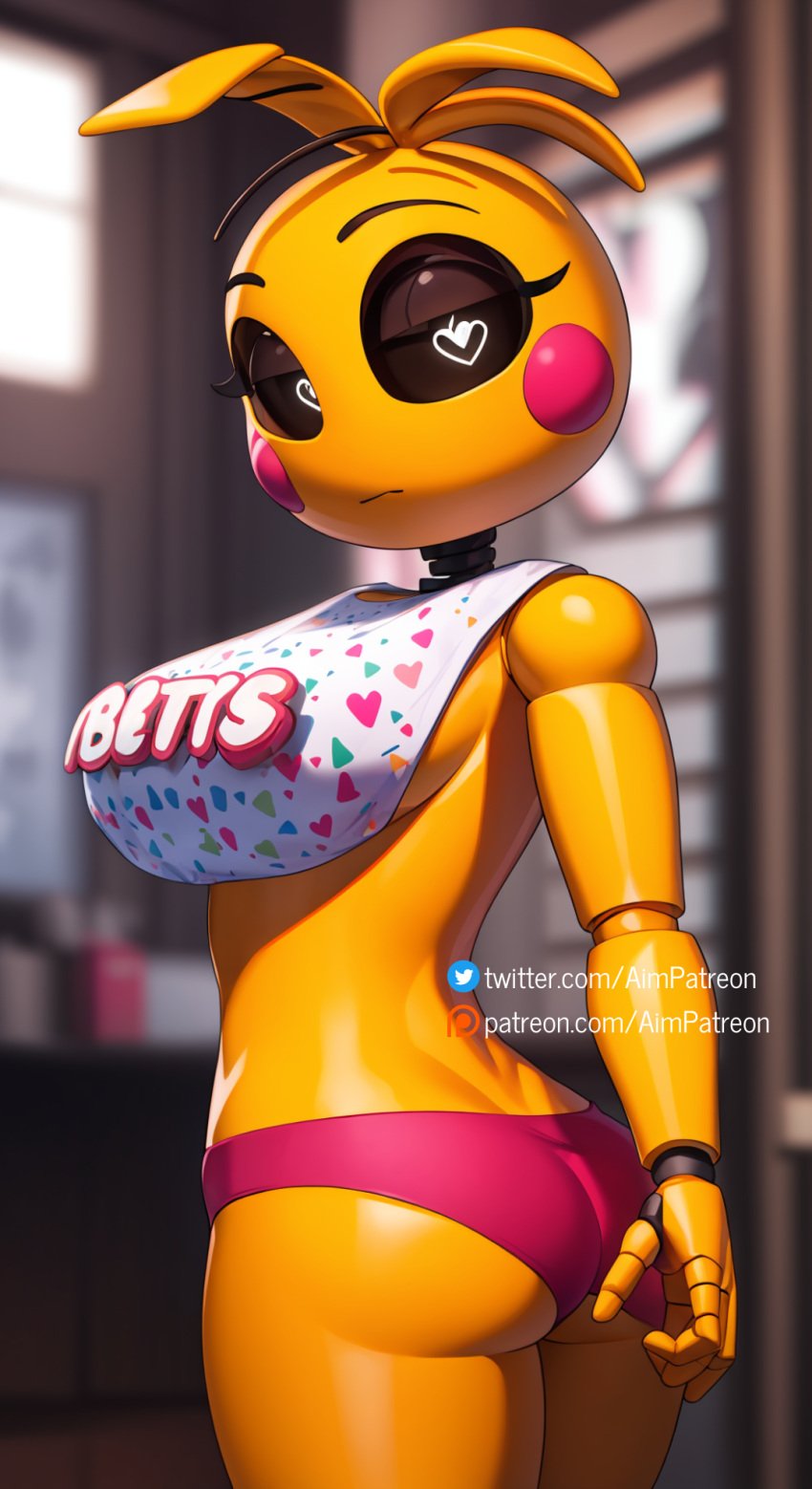 ai_generated aim_patreon ass black_sclera blurry blurry_background blurry_foreground breasts chromatic_aberration closed_mouth clothes_writing colored_sclera depth_of_field female five_nights_at_freddy's five_nights_at_freddy's_2 large_breasts looking_at_viewer shiny shiny_skin solo standing toy_chica_(fnaf) toy_chica_(love_taste)