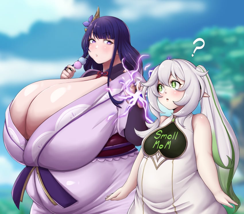 2girls alternate_breast_size breasts_bigger_than_head cleavage clothed clothed_female clothing dango dress duo electricity electricity_manipulation fat female genshin_impact green_hair green_highlights hair_ornament holding_food huge_breasts inazuma_girls kimono light-skinned_female light_skin light_skinned_female long_ears long_hair multiple_girls nahida_(genshin_impact) obese obese_female ponytail purple_eyes purple_hair purple_kimono raiden_shogun sumeru_girls surprised surprised_expression tsugoi6969 white_dress white_hair