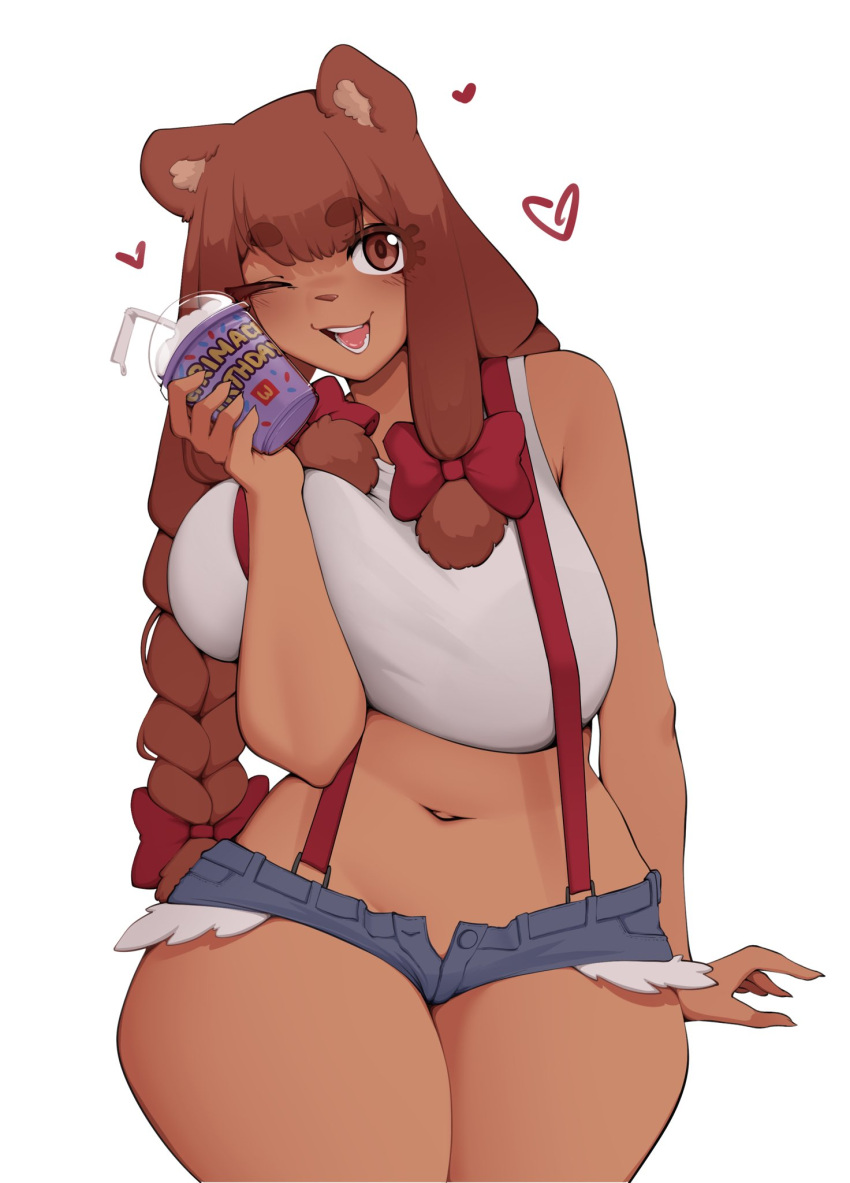 1girls anthro bear bear_ears beau_(luxurias) big_breasts braid brown_body brown_eyes brown_hair eyebrows_visible_through_hair female female_only grimace_shake hair_ribbon heart hi_res light_blush long_hair looking_at_viewer luxurias mcdonald's meme minishorts one_eye_closed original short_shorts shorts smiling smiling_at_viewer solo suspenders tank_top thick_eyebrows thick_thighs twintails ursid ursine white_background wide_hips wink winking_at_viewer