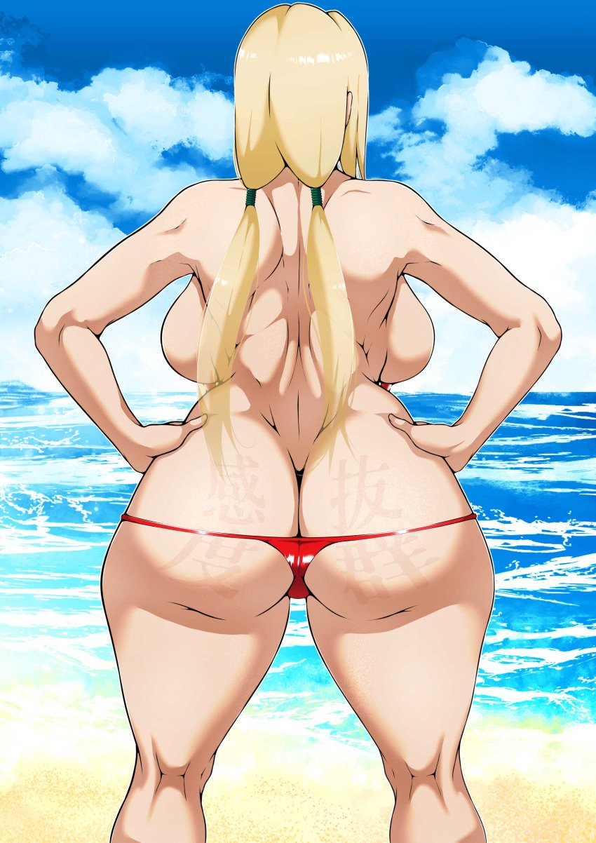 1girls ass ass_tattoo backboob bare_back bare_breasts bare_shoulders beach big_ass big_breasts bikini bikini_bottom bikini_bottom_only blonde_hair blonde_hair_female breasts butt_crack facing_away from_behind hands_on_hips huge_ass japanese_text kanji long_hair mature mature_female mature_woman micro_bikini mojihe naruto naruto_(series) naruto_shippuden outdoors pinup sagging_breasts seaside solo standing tattoo thick_thighs tied_hair topless tsunade twintails voluptuous wide_hips