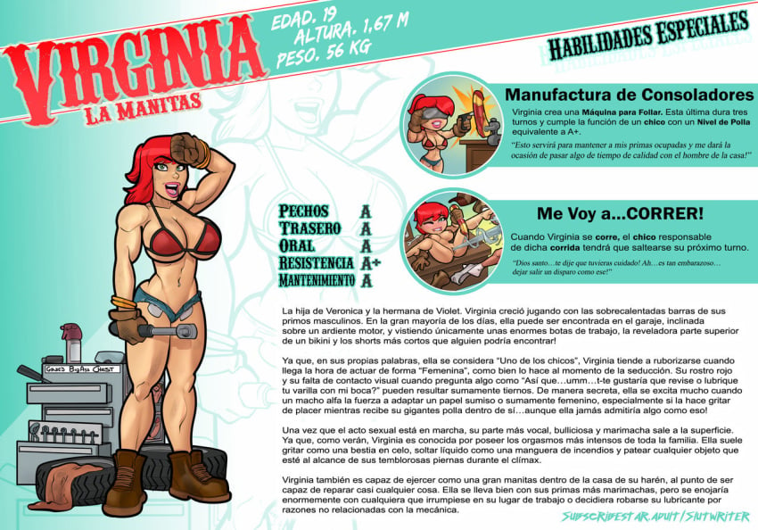 big_breasts big_butt bikini_top character_bio character_profile character_sheet daisy_dukes dildo female green_eyes herron_house_(series) light-skinned_female looking_at_viewer mechanic my_mom_and_sister_are_size_queen_sluts pinup rabies-t-lagomorph red_hair size_queen slutwr1ter solo spanish_text squirting stats tires virginia_herron voluptuous