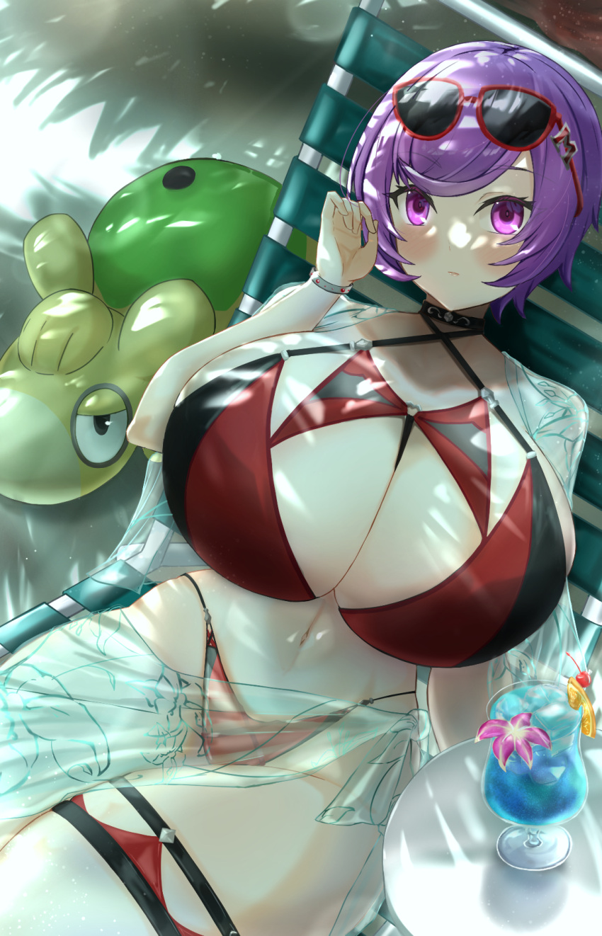 1girls alternate_breast_size bikini courtney_(pokemon) female game_freak hizakake huge_breasts large_breasts looking_at_viewer massive_breasts nintendo numel pokemon pokemon_(species) pokemon_rse purple_eyes purple_hair relaxing short_hair