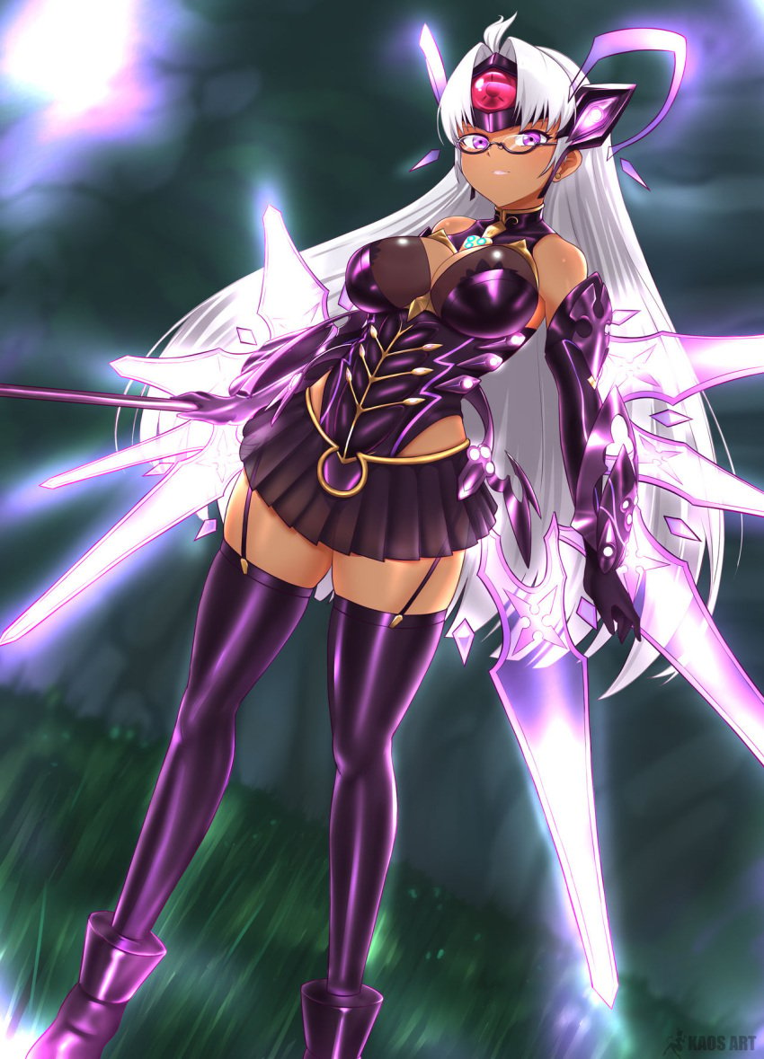 1girls boots breasts core_crystal elbow_gloves garter_straps glasses gloves headgear holding_weapon kaos_art large_breasts leotard leotard_under_clothes long_hair looking_at_viewer nintendo purple_eyes purple_leotard purple_skirt skirt t-elos t-elos_re: thighhighs weapon white_hair xenoblade_(series) xenoblade_chronicles_2