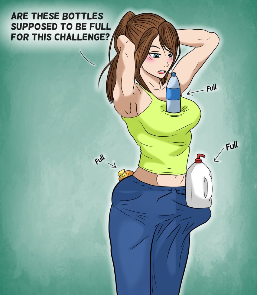 1futa big_bulge big_penis blue_eyes blue_jeans blue_pants blush boner breasts brown_hair challenge challenge_succeeded clothed clothing color dialogue edit erection erection_under_clothes fully_clothed futa_only futanari green_topwear human intersex krimreaper large_breasts light-skinned_futanari light_skin navel original_character penis penis_bulge penis_under_clothes recolor royal_sachi shampoo_challenge solo standing tenting text zolius