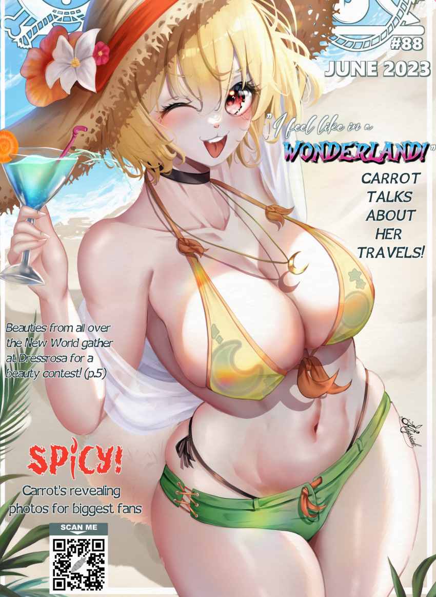 armpits beach big_breasts bikini blonde_hair bunny_ears bunny_girl bunny_tail carrot_(one_piece) choker cup cute drink female female_only flower hand_on_head happy hat klopsiak magazine_cover one_piece open_mouth pendant red_eyes sand shorts smile straw_hat water white_fur wink winking_at_viewer