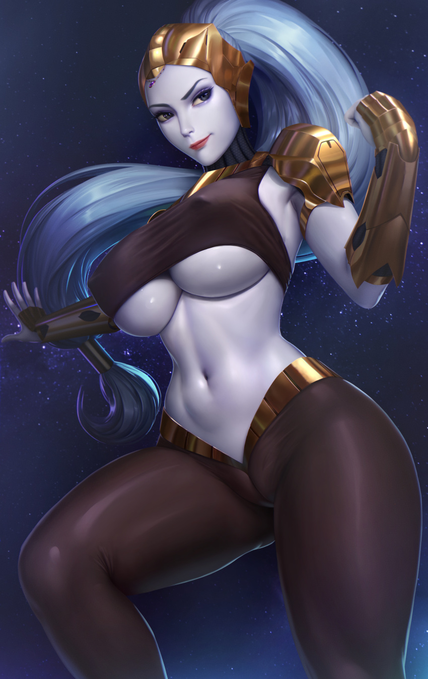 1girls abs absurd_res absurdres adon_(turok) breasts cameltoe clothing erect_nipples erect_nipples_under_clothes female female_only floating_hair grey_eyes hi_res high_resolution highres limgae looking_away muscular_female navel nipples pale-skinned_female pale_skin ponytail smile solo solo_female space tied_hair turok very_high_resolution white_breasts white_hair white_skin