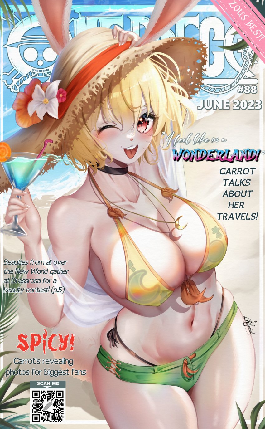 armpits beach big_breasts bikini blonde_hair bunny_ears bunny_girl bunny_tail carrot_(one_piece) choker cup cute drink female female_only flower hand_on_head happy hat klopsiak magazine_cover one_piece open_mouth pendant red_eyes sand shorts smile straw_hat water white_fur wink winking_at_viewer