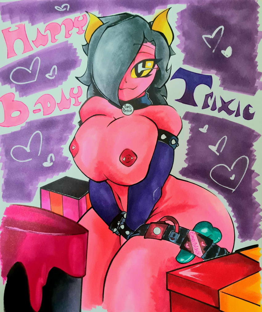 artcontroller1 big_ass big_breasts birthday bracelet chubby_female demon demon_girl dildo grey_hair hands_on_pussy jacksita1234 necklace purple_sleeves red_skin trixie_colette_(brawl_stars) vibrator yellow_eyes