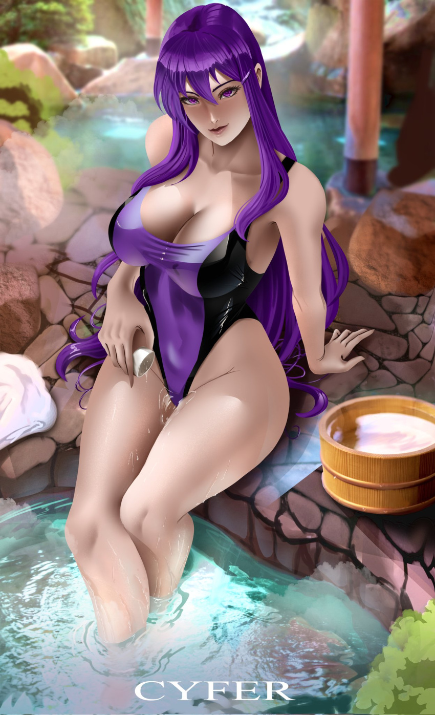 1girls alternate_version_available big_breasts breasts clothed clothed_female cyferdraws doki_doki_literature_club female female_only long_hair looking_at_viewer matching_hair/eyes one-piece_swimsuit onsen purple_eyes purple_hair sitting smile solo solo_female swimsuit water yuri_(doki_doki_literature_club)