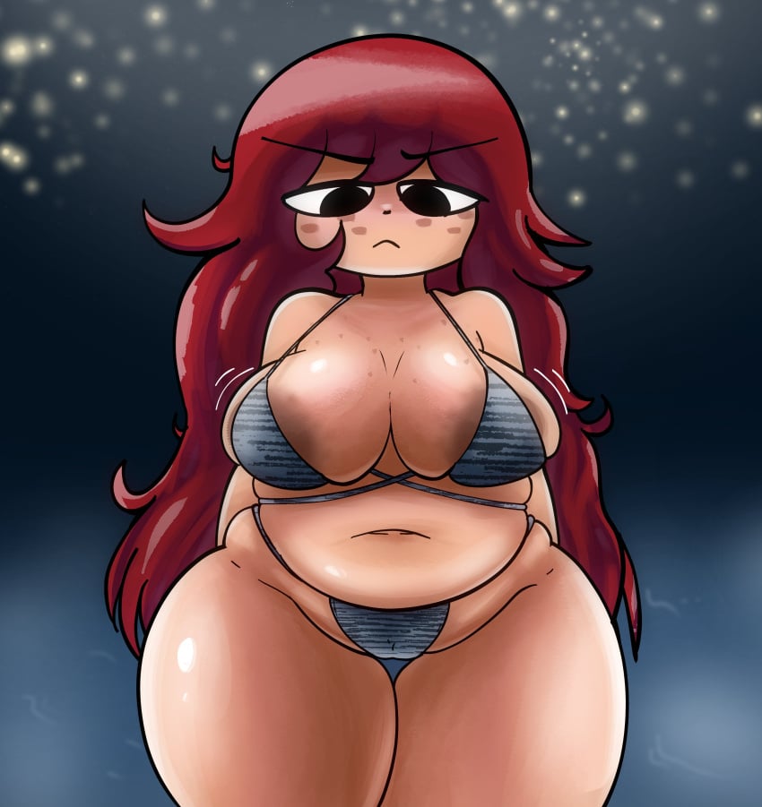 1girls annoyed annoyed_expression bikini bikini_bottom bikini_top black_eyes choobsters chubby freckles freckles_on_chest freckles_on_face frown gradient_background kim_pine long_hair looking_at_viewer pawg red_hair scott_pilgrim shaking_breasts solo solo_female stars thick_thighs venus_body