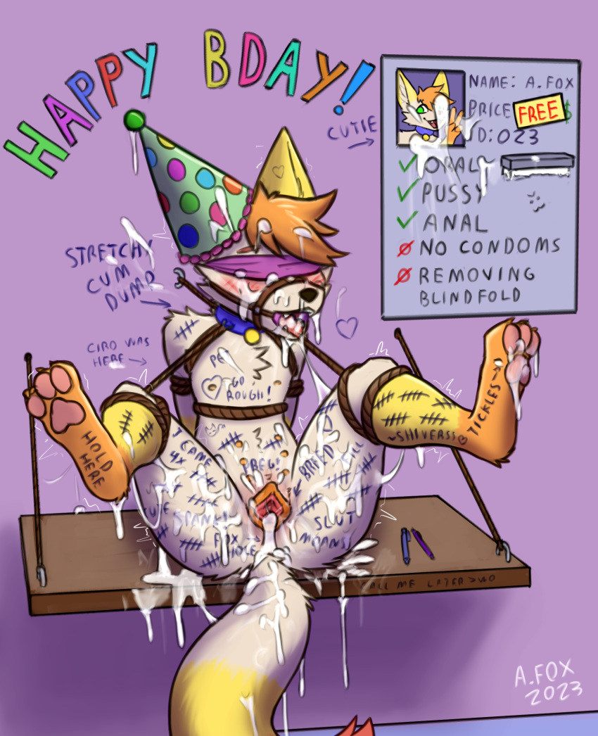 animal_genitalia animal_pussy anthro anus birthday birthday_hat blindfold blush bodily_fluids body_blush body_writing bound canid canine canine_genitalia canine_pussy clitoral_fossa cum cum_drip cum_in_mouth cum_in_pussy cum_inside cum_on_face dripping english_text excessive_cum excessive_genital_fluids female flat_chested fox gag genital_fluids genitals hi_res mammal mr.albafox nipples public public_exposure public_use pussy pussy_blush solo spread_legs spread_pussy spreading tally_marks text