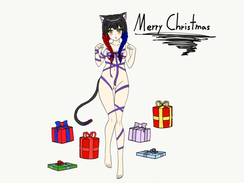 1girls amber_eyes black_hair blue_hair blush blush_lines blushing_at_viewer breasts buttfang cat_ears cat_girl cat_pose cat_tail catgirl christmas christmas_present collarbone color colored fanart feet female female_only festive functionally_nude functionally_nude_female hair hair_ornament hair_ribbon indie_virtual_youtuber kugarix long_hair medium_breasts multicolored_hair navel open_mouth present presents pussy red_hair ribbon ribbon_bondage twin_braids twitch twitch.tv virtual_youtuber vtuber wrapped yellow_eyes yukari_v