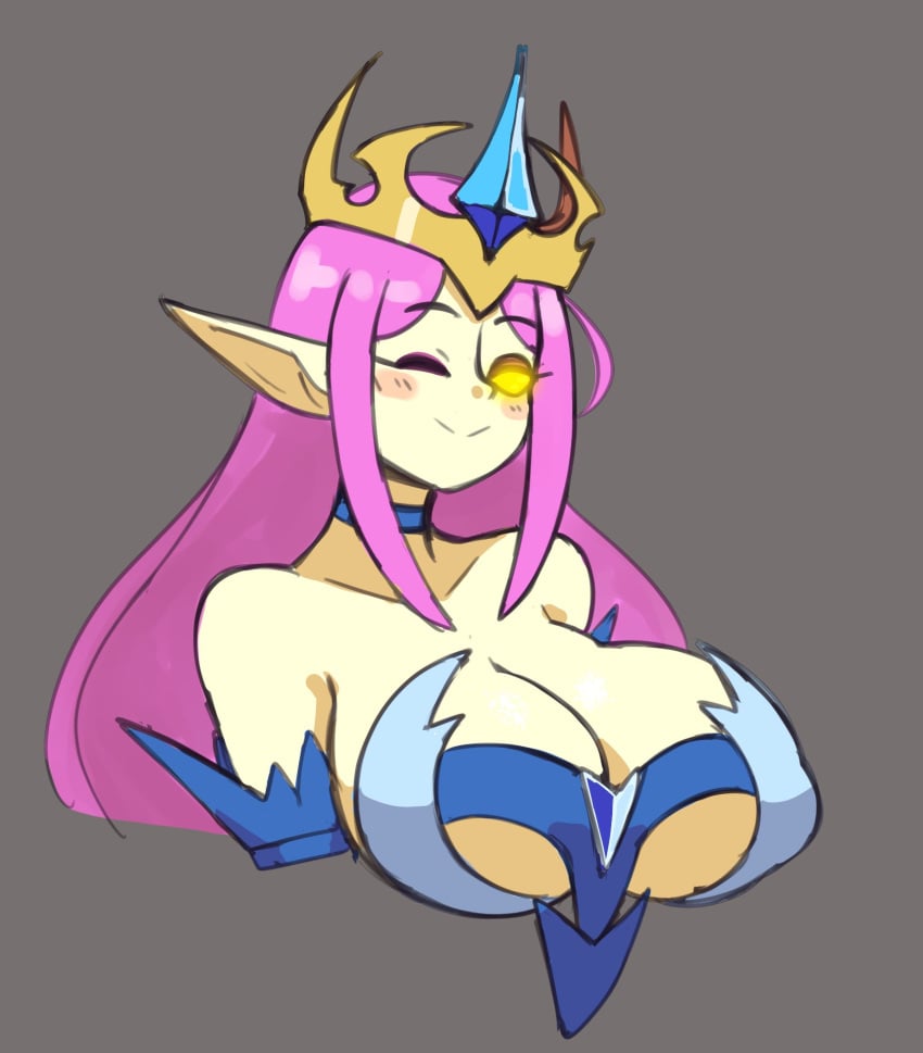 2020s 2022 bare_shoulders big_breasts choker cleavage crown docecaedrus empress_of_light fairy female female_focus female_only glowing glowing_eyes hi_res huge_breasts long_hair one_eye_closed pink_hair pointy_ears smile solo terraria yellow_eyes