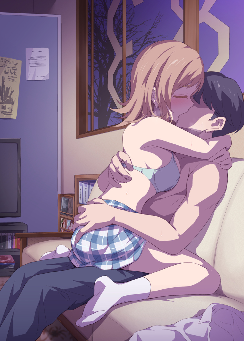 1boy 1girls age_difference blue_bra blush bra breasts brown_eyes brown_hair clothes_lift couch cowgirl_position faceless faceless_male female from_side highres hug idolmaster idolmaster_shiny_colors indoors large_breasts marugoshi_(54burger) nipples older_male older_man_and_teenage_girl on_couch open_mouth panties panties_around_one_leg producer_(idolmaster) sakuragi_mano school_uniform sex sitting sitting_on_lap sitting_on_person skirt skirt_lift socks straddling straight teenage_girl teenager underwear upright_straddle younger_female