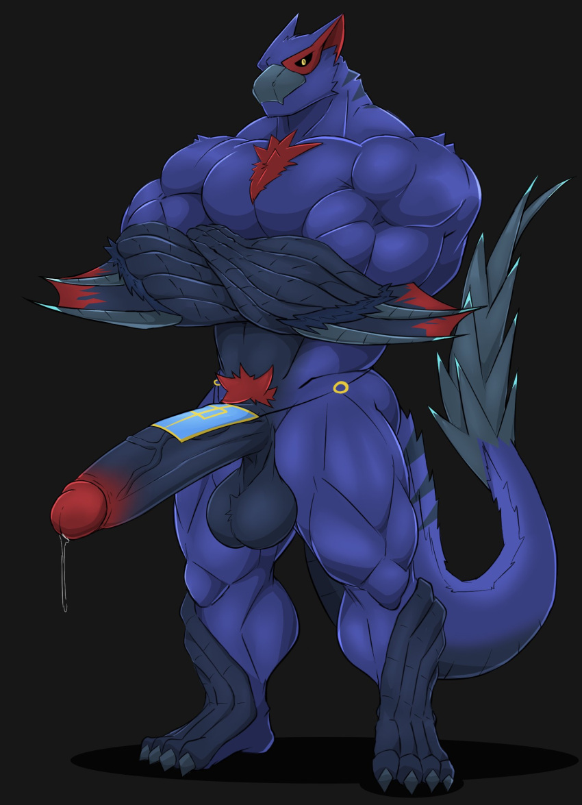 anatake anthro balls barazoku biceps big_muscles bodily_fluids capcom dragon erection flying_wyvern genital_fluids genitals hi_res huge_muscles humanoid humanoid_genitalia humanoid_penis looking_at_viewer male male_only monster_hunter muscular muscular_anthro muscular_male nargacuga nude pecs penile penis precum scalie solo tail vein veiny_penis wyvern