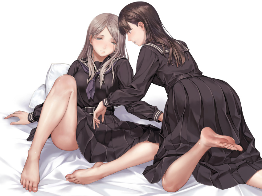 2girls barefoot belt black_belt female female_only long_hair pillow school_uniform takekawa_shin thighs yuri