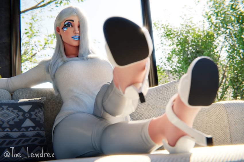 1girls 3d alternate_version_available ark_(fortnite) blender blue_lipstick blue_makeup blurry_background bottomwear clothed clothing couch curvy curvy_body curvy_female curvy_figure detailed_background epic_games female female_focus female_only foot_fetish foot_focus fortnite high_heels highres leggings legs_up lewdrex lipstick long_hair looking_at_viewer makeup nose_piercing on_couch pants piercing presenting presenting_feet shadow shoes sitting solo solo_focus sun sunlight sunrays thick_thighs topwear tree trees watermark white_hair window