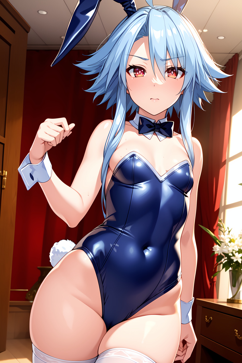 ai_generated arm_up blanc blue_hair bunny_ears bunny_tail bunnysuit cleavage closed_mouth goddess leotard light-skinned_female looking_at_viewer neptunia_(series) red_eyes short_hair_with_long_locks small_breasts solo stable_diffusion thick_thighs thighhighs white_heart wrist_cuffs