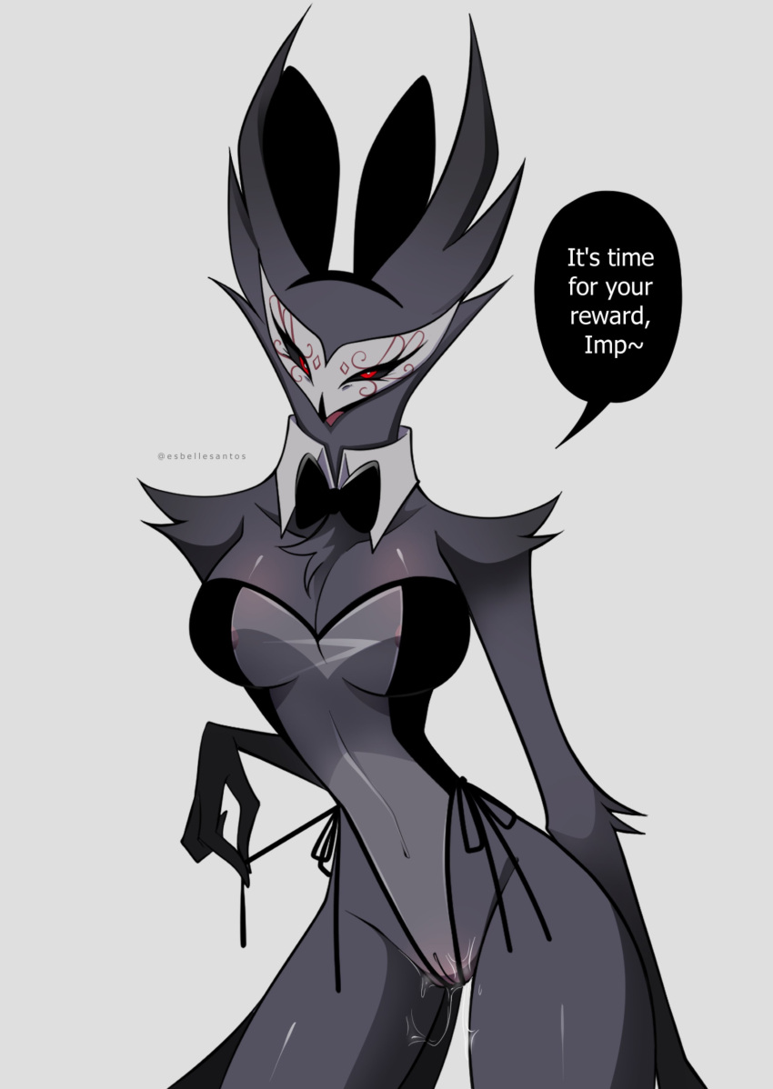 1girls absurd_res avian bikini bird black_sclera blush bodily_fluids body_blush bunny_costume clothing costume demon dialogue english_text esbellesantos feathers female female_paimon_(helluva_boss) genderswap genderswap_(mtf) genital_fluids grey_body grey_feathers helluva_boss hi_res mask mtf_crossgender owl owl_demon paimon_(helluva_boss) pull_string pussy_blush pussy_juice red_eyes rule_63 side-tie_bikini solo speech_bubble string_bikini swimwear text translucent translucent_clothing